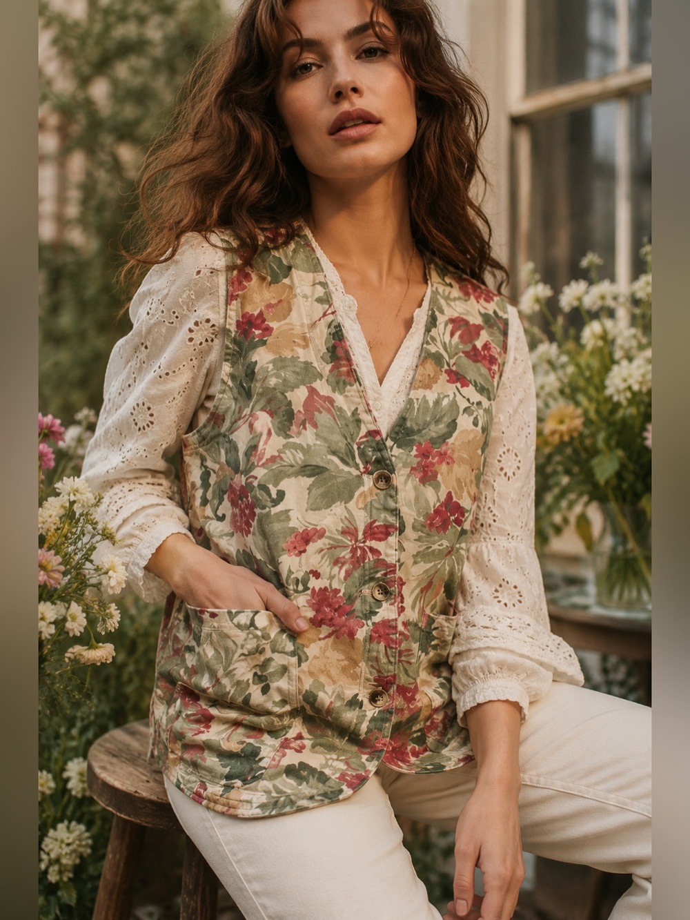 Orvis Floral Cotton Vest Womens Large Vintage Botanical Button Front Pockets